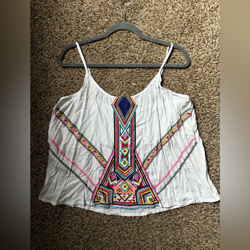 White crop top with multi color design down front, size large